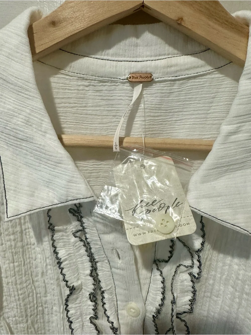 Free People White Ivory Tuxedo Ruffle-Front Shirt Dress Boho Chic Women’s L
